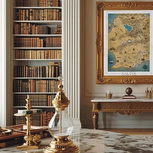 May include: An interior scene featuring a large bookshelf filled with antique books. A framed map with the word "NALYOS" is displayed above a marble-topped table. Ornate gold accents and a decorative glass instrument add to the room's classic aesthetic.