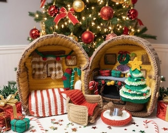 May include: Two crocheted Christmas-themed dollhouses with interior details like a bed, fireplace, and Christmas tree. The houses are set against a backdrop of a decorated Christmas tree, surrounded by wrapped gifts and candy canes.