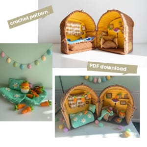May include: A crocheted Easter-themed playhouse with a yellow interior and brown exterior. The playhouse is open, revealing a miniature bedroom with a bed, pillows, and curtains. The image also shows a crocheted garland of pastel eggs and a crocheted blanket with a daisy pattern.