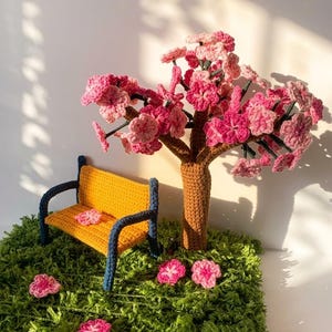 crochet pattern:Cherry Blossom Tree  and park bench for mini house|digital PDF download