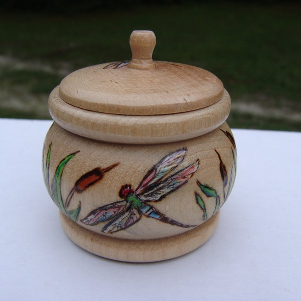 wood burned  trinket box with dragonflies and cattails pyrography
