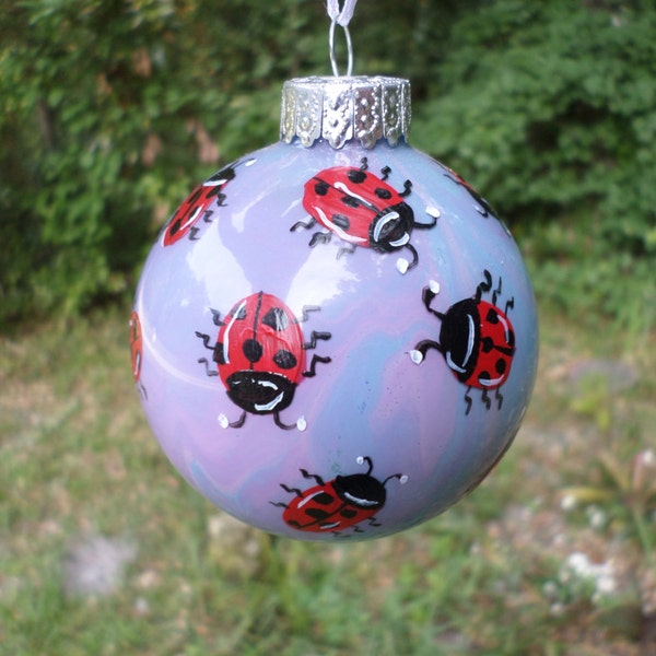 Ladybug Hand Painted Glass Ornament with  swirled purple pink blue background no25