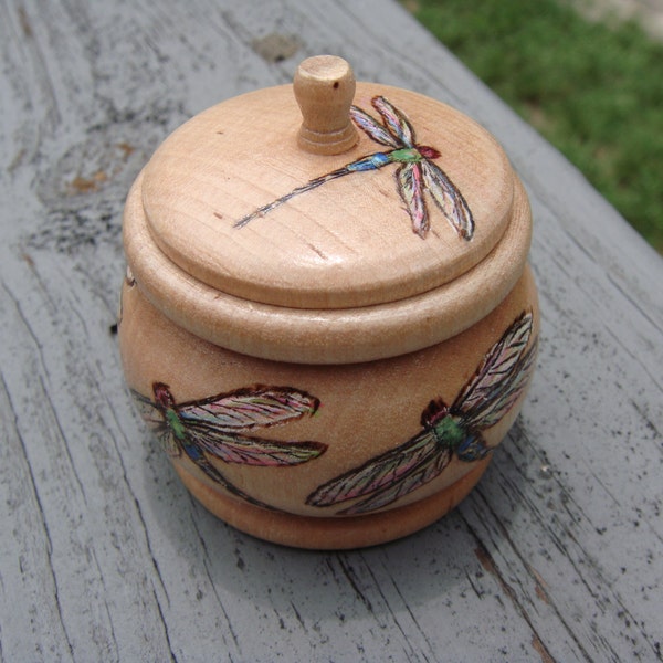 wood burned  trinket box with dragonflies