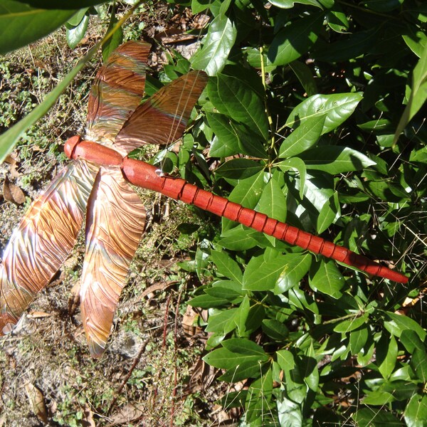 Large 9 inch long carved cedar  and copper dragonfly