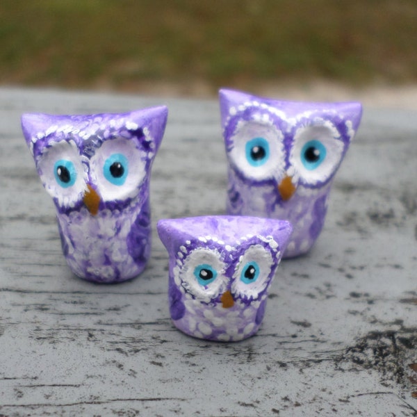 miniature purple owl set of 3 bird totem paperclay