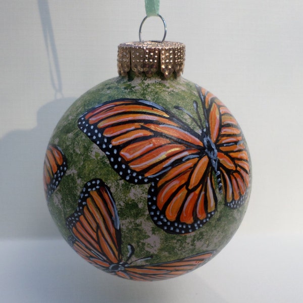 Hand Painted Christmas Glass Ornament Monarch  butterflies no206