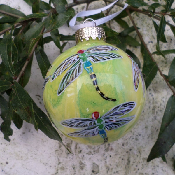 Hand Painted Glass Ornament with Dragonfly yellow green no 162