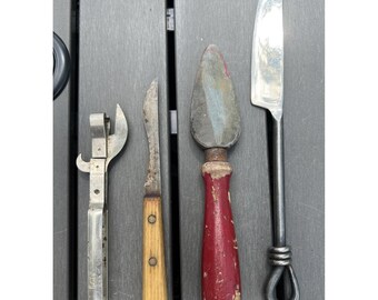 Lot Of 4 Vtg Antique Kitchen Gadgets Utensils Knifes Can Opener Sharpening Stone