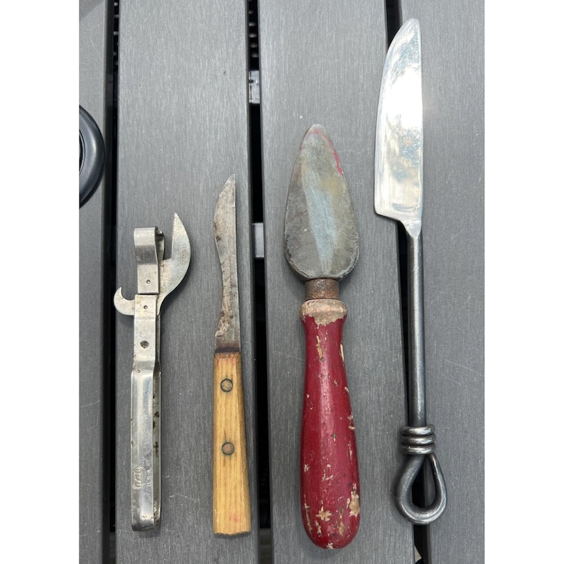 Lot Of 4 Vtg Antique Kitchen Gadgets Utensils Knifes Can Opener Sharpening Stone image 1