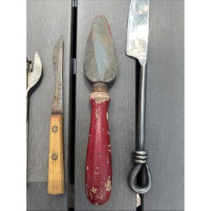 Lot Of 4 Vtg Antique Kitchen Gadgets Utensils Knifes Can Opener Sharpening Stone image 3