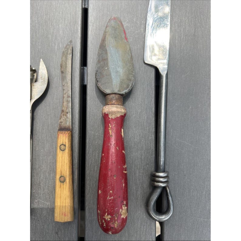 Lot Of 4 Vtg Antique Kitchen Gadgets Utensils Knifes Can Opener Sharpening Stone image 3