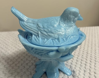 Westmoreland Blue Milk Glass Robin on Nest Candy Trinket Dish Bird Cottage Vtg