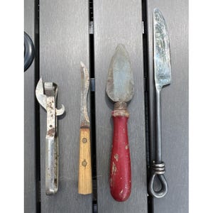 Lot Of 4 Vtg Antique Kitchen Gadgets Utensils Knifes Can Opener Sharpening Stone image 5
