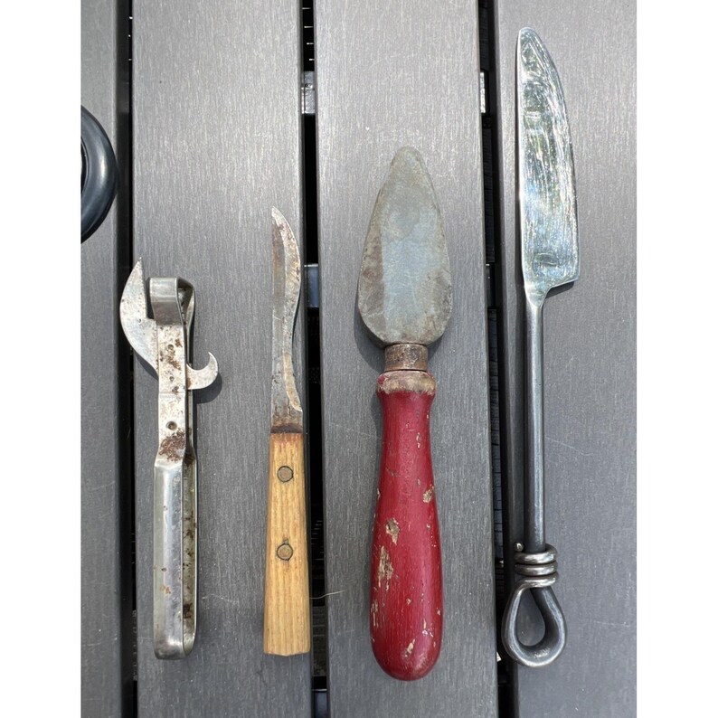 Lot Of 4 Vtg Antique Kitchen Gadgets Utensils Knifes Can Opener Sharpening Stone image 5