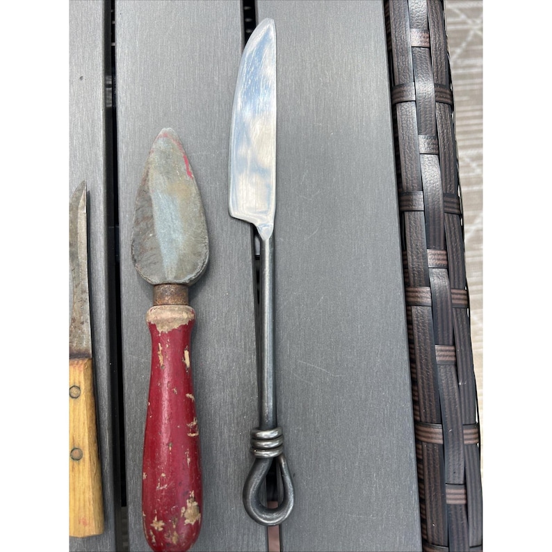Lot Of 4 Vtg Antique Kitchen Gadgets Utensils Knifes Can Opener Sharpening Stone image 4