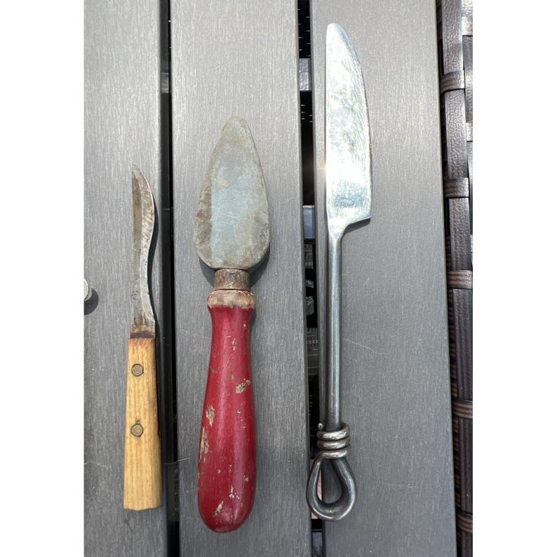Lot Of 4 Vtg Antique Kitchen Gadgets Utensils Knifes Can Opener Sharpening Stone image 8