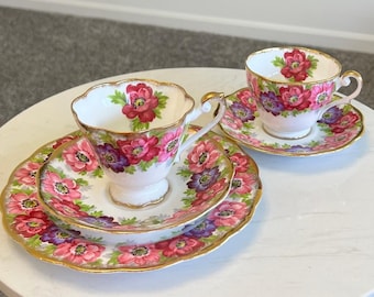 Taza de té, platillo y plato para aperitivos Royal Standard Carmen, 5 piezas, diseño floral dorado, fiesta del té.