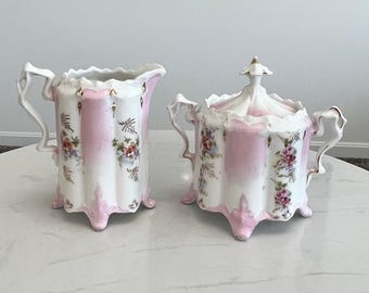 Antique Victorian Pink Floral Porcelain Creamer Lidded Sugar Set Shabby Chic