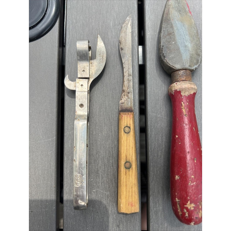 Lot Of 4 Vtg Antique Kitchen Gadgets Utensils Knifes Can Opener Sharpening Stone image 2