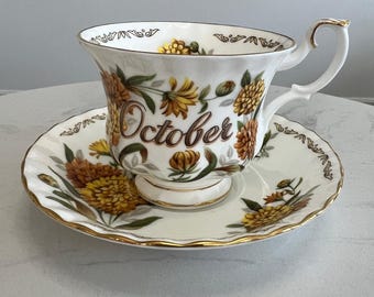 E&R Golden Crown Bone China October Bouquet of the Month Series Cup  Saucer Vtg
