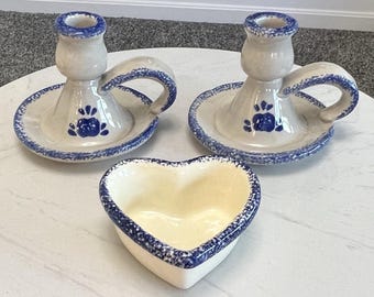 Cottage Core Home Decor Blue Spongeware Pottery Candle Holders Heart Dish Granny