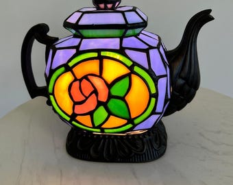 Lámpara de mesa decorativa con forma de tetera de vidrieras estilo Tiffany, lámpara floral vintage