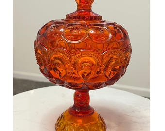 LE Smith Moon and Star Amberina Glass Candy Dish Lidded Compote 10" Glows MCM