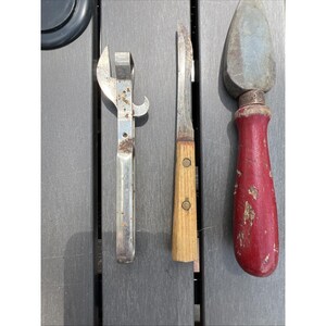 Lot Of 4 Vtg Antique Kitchen Gadgets Utensils Knifes Can Opener Sharpening Stone image 6