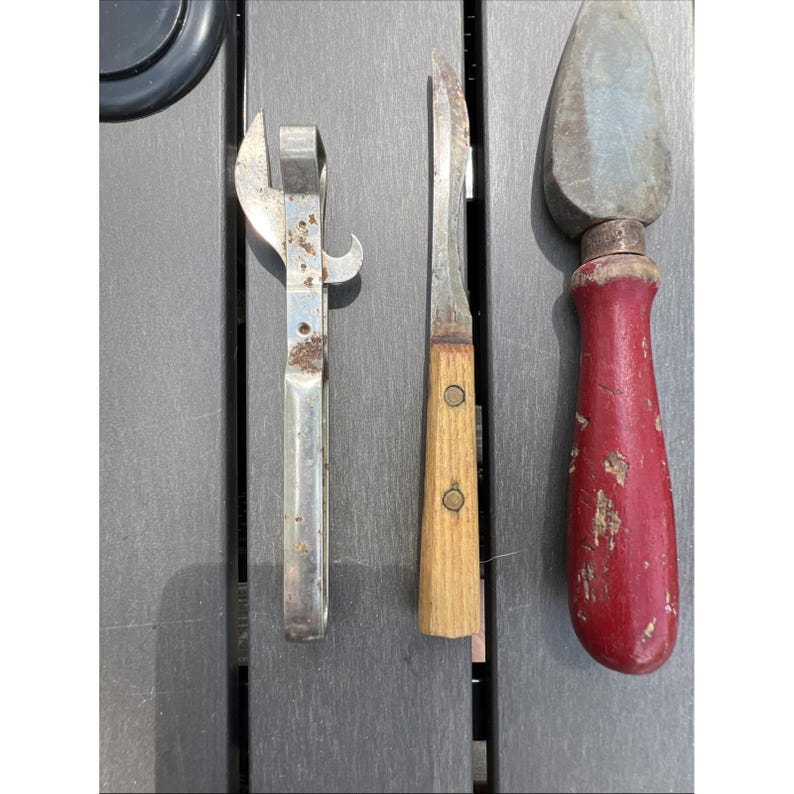 Lot Of 4 Vtg Antique Kitchen Gadgets Utensils Knifes Can Opener Sharpening Stone image 6