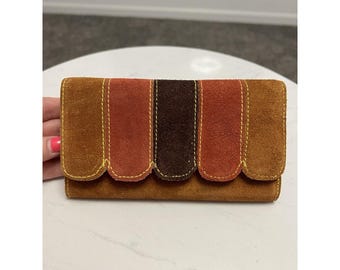 Vtg 1970s Suede Patchwork Wallet Clutch Scalloped Edge MCM NOS