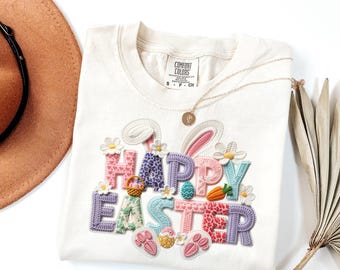 Happy Easter Bunny Shirt, Faux Embroidery Comfort Colors Spring Tee
