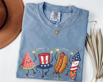 Patriotic July 4th T-Shirt, Retro Watermelon Hot Dog Rocket Print