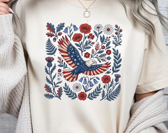 Patriotic Eagle Floral Shirt American Flag Bird Tee Fourth of July Shirt
