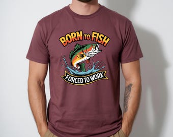Born to Fish Forced to Work Bass Angler T-Shirt, Retro Largemouth Graphic Tee