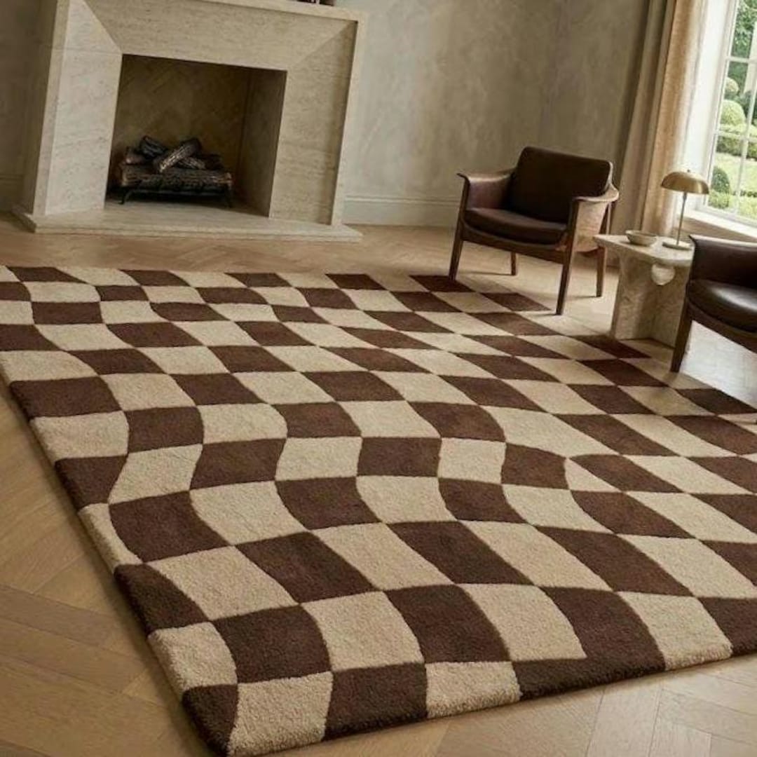 Chocolate Check Rug Hand Tufted Wavy Checkered Rug, Brown Cream Optical Illusion Carpet ...