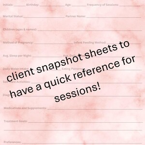 Könnte beinhalten: Ein rosa-weißes Client Snapshot-Blatt mit Linien für Informationen. Das Blatt enthält Eingabeaufforderungen für Initialen, Geburtstag, Alter, Familienstand, Partnername und mehr. Der Text auf dem Blatt lautet "client snapshot sheets to have a quick reference for sessions!"