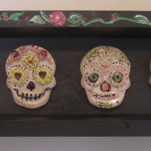 Sugar Skull shadow box 4 Hand Crafted / Painted Ceramic Skulls Hand Painted Box