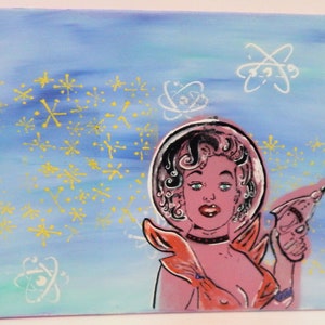 Original Pop Graffiti Spray Paint and acrylic paint 50&#39;s retro Space Lady cheesecake