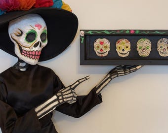 Painted to the Bone: A Floral Shrine of Sugar Skulls- Day of the Dead Ceramic Wall Art