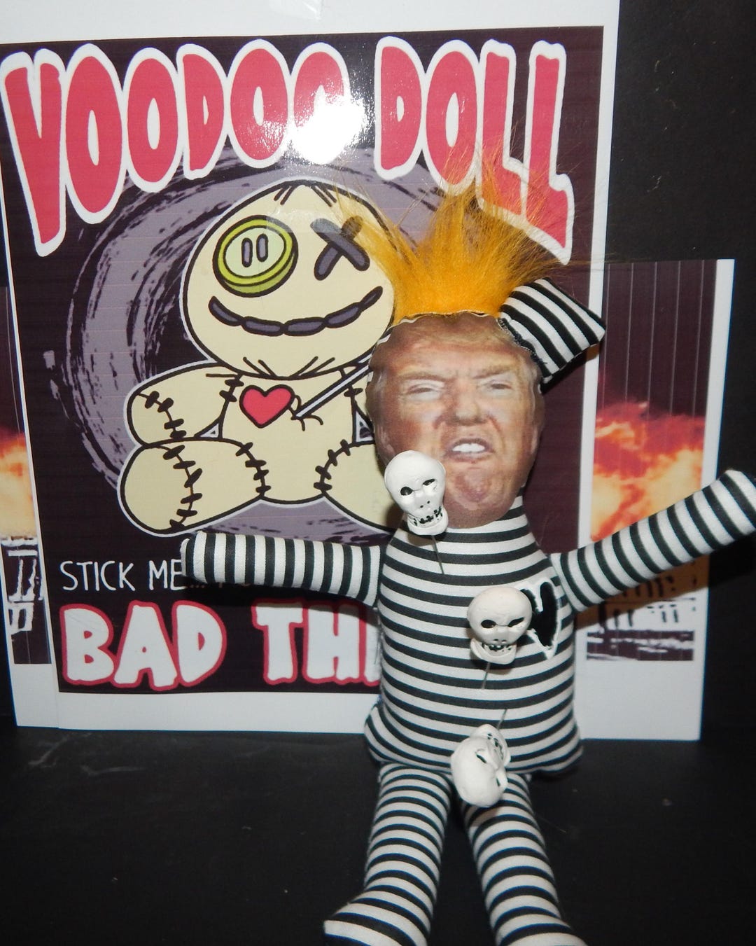 Donald Trump, Prison Stripped Voodoo Doll With 3 Hand Sculpted Skull