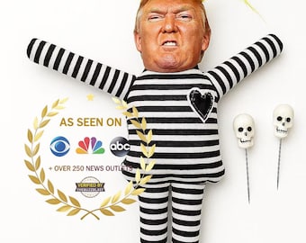 Donald Trump Prison Voodoo Doll: Hand-Sculpted Skull Pins, Striped Uniform, Political Satire Collectible