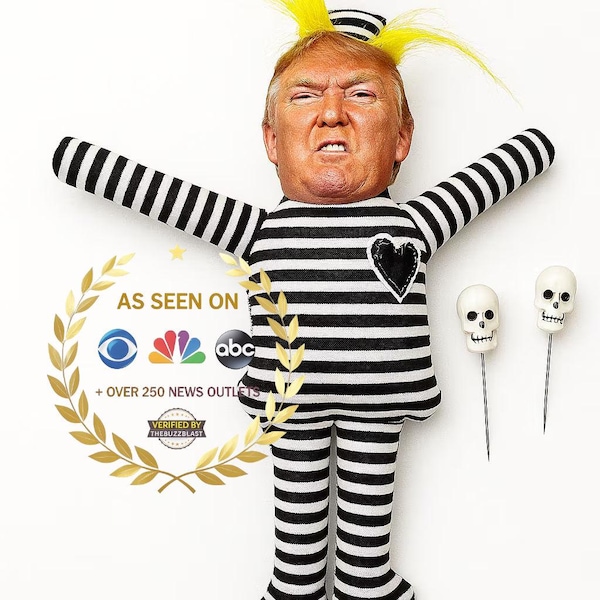 Donald Trump Prison Voodoo Doll: Hand-Sculpted Skull Pins, Striped Uniform, Political Satire Collectible