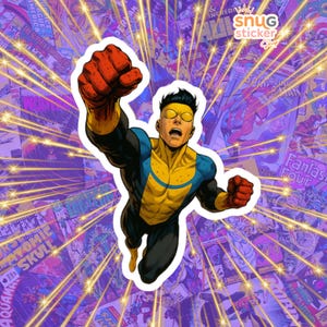 Puede incluir: Una pegatina con un superhéroe en una pose dinámica, con un traje amarillo y azul y guantes rojos. El fondo es un collage de portadas de cómics, con el texto "snug sticker shop".