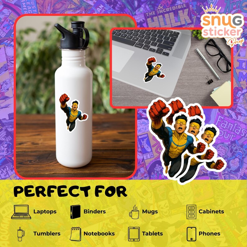 Invincible Man Kiss-Cut Vinyl Sticker, Glossy Comic Superhero Decal for Laptops, Water Bottles, Journals and Windows, Bright Colors image 4