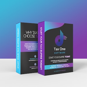 Può includere: Due scatole di software con il testo "Tax One Software" e "Start Your Tax Empire Today!". Le scatole hanno uno sfondo nero con accenti blu e viola. Le scatole includono anche icone di social media.