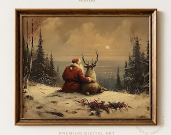 Vintage Christmas Printable, Santa and Reindeer in Winter Forest (Digital Download) i0156