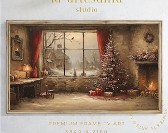 Cozy Christmas Room Frame TV Art | Screensaver, Vintage Holiday Fireplace 4K Download