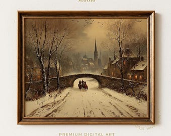 Victorian Winter Bridge Wall Art Printable – Snowy Village Landscape Digital Download i0010