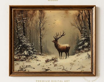 Rustic Winter Deer in Forest – Cozy Christmas Printable Wall Art Digital Download i0064