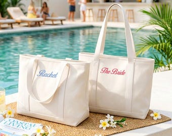 Bolso de lona personalizado, bolso de playa bordado con iniciales, regalos para damas de honor, bolso de hombro para viajes y vacaciones, regalos para despedidas de soltera, bolso de mano